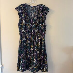 Old Navy Black Floral V-Neck Dress with Purple & Yellow Blooms